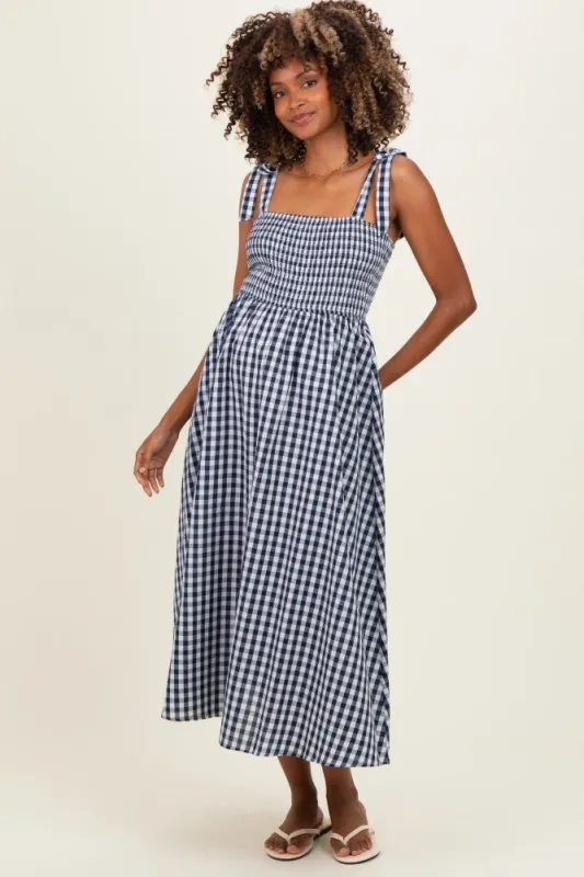 Navy Gingham Smocked Shoulder Tie Maternity Midi Dress made by Pinkblush