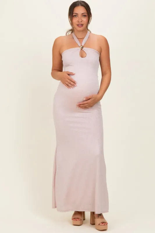 Blush Metal Trim Halter Maternity Maxi Dress made by Blue Blush