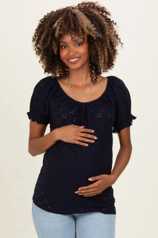 Navy Eyelet Lace Puff Sleeve Maternity Blouse made by Timing