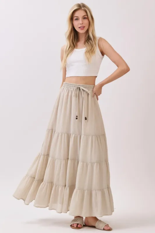 Beige Tiered Drawstring Maxi Skirt made by Final Touch