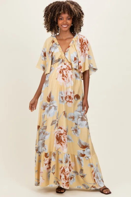 Yellow Floral V-Neck Maternity Maxi Dress made by Pinkblush