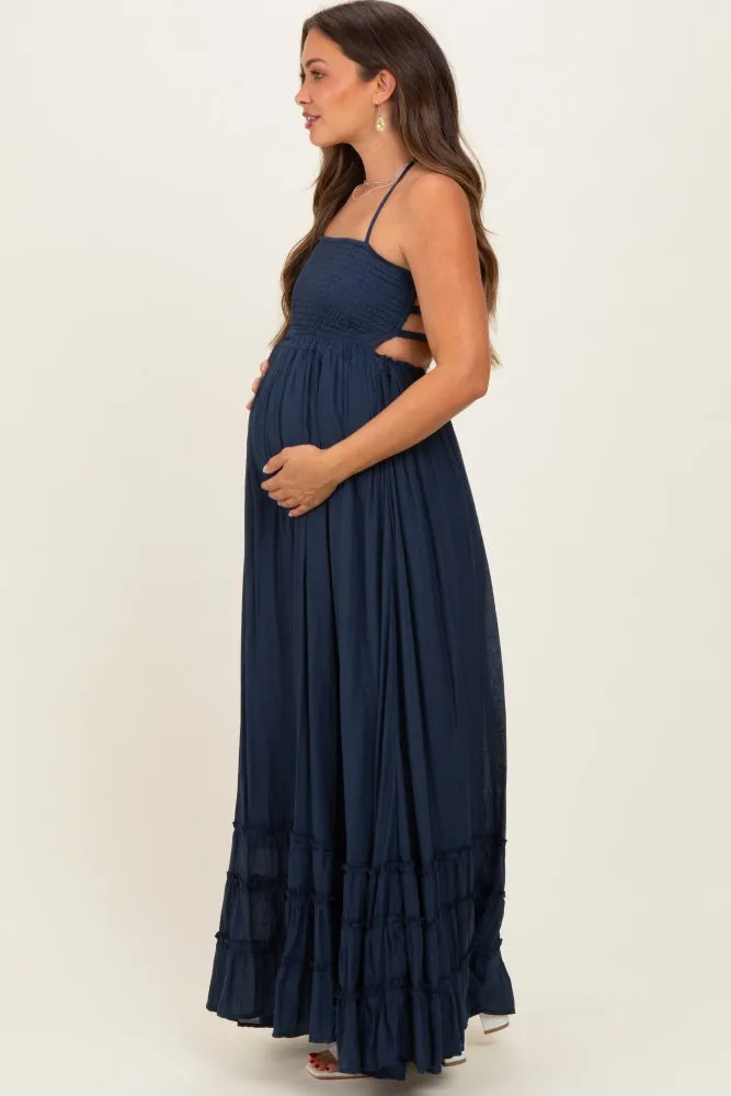 Navy Smocked Halter Open Back Maternity Maxi Dress sold by Pinkblush product image thumbnail 3