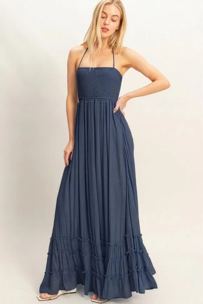 Navy Smocked Halter Open Back Maternity Maxi Dress sold by Pinkblush product image thumbnail 4