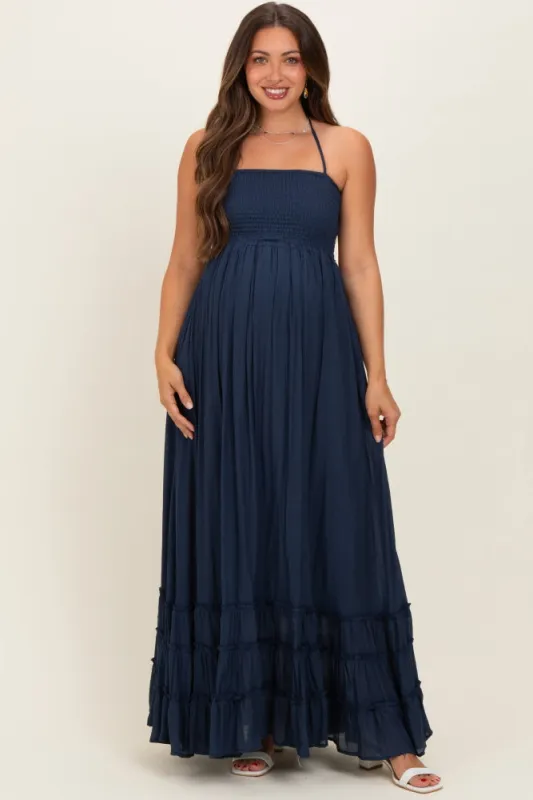 Navy Smocked Halter Open Back Maternity Maxi Dress made by HYFVE