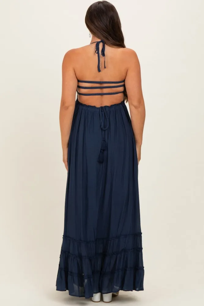 Navy Smocked Halter Open Back Maternity Maxi Dress sold by Pinkblush product image thumbnail 2