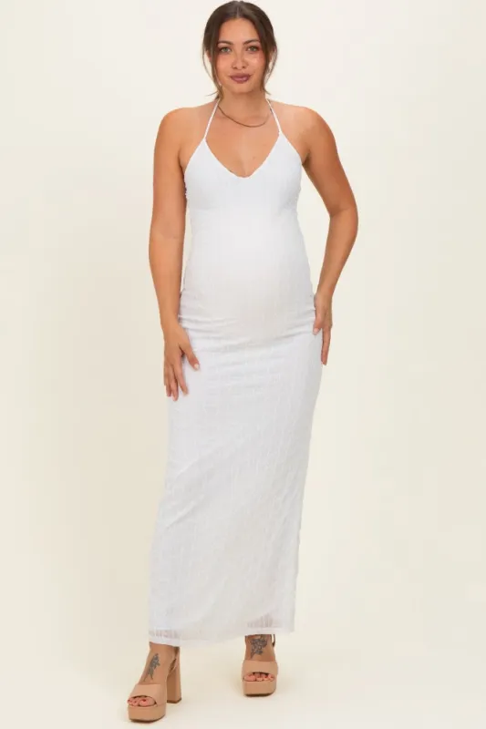 Off White Halter Textured Knit Maternity Maxi Dress made by Blue Blush