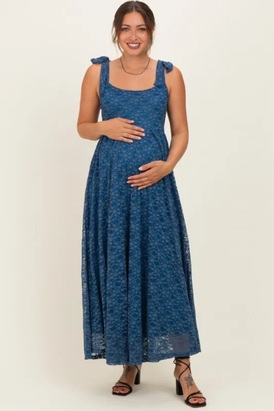 Blue Sleeveless Lace Maternity Maxi Dress made by Pinkblush