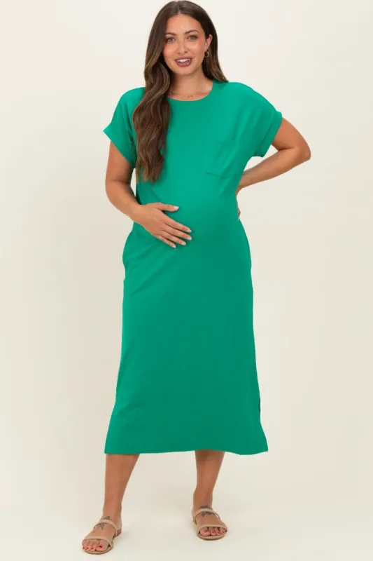 Kelly Green Pocket Front Maternity Midi T-Shirt Dress made by Zenana Outfitters
