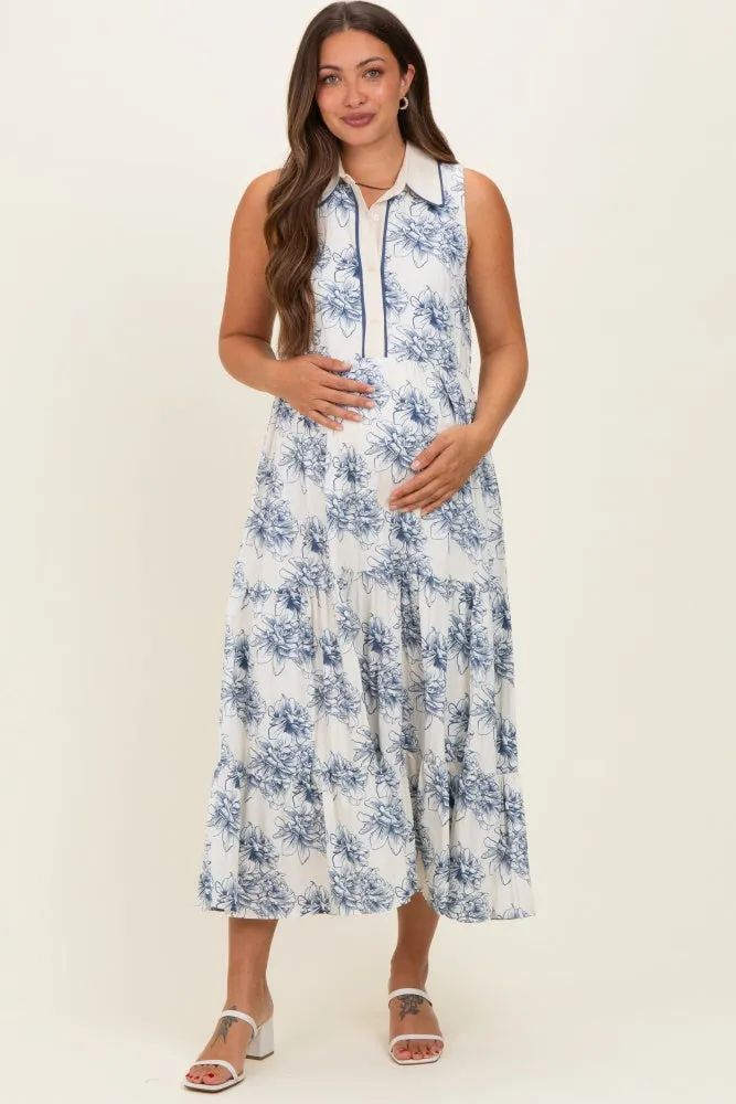 Ivory Floral Tiered Sleeveless Maternity Shirt Dress sold by Pinkblush