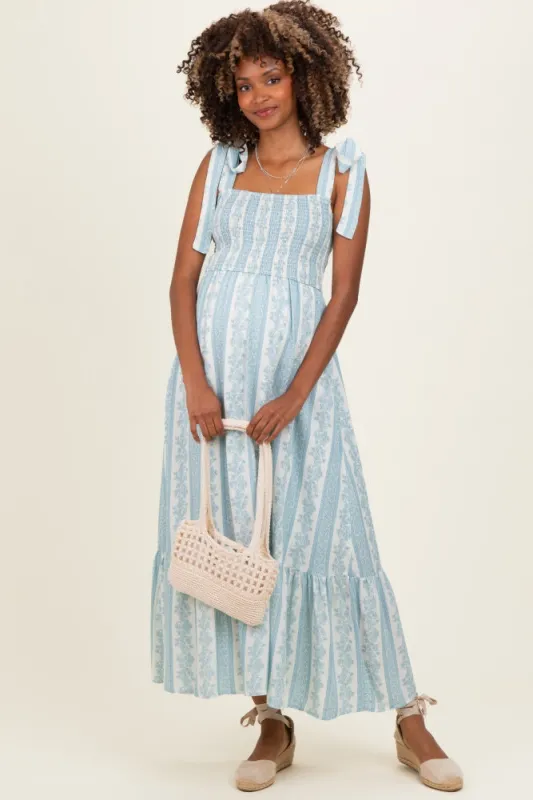 Sky Floral Stripe Smocked Shoulder Tie Maternity Midi Dress made by Pinkblush