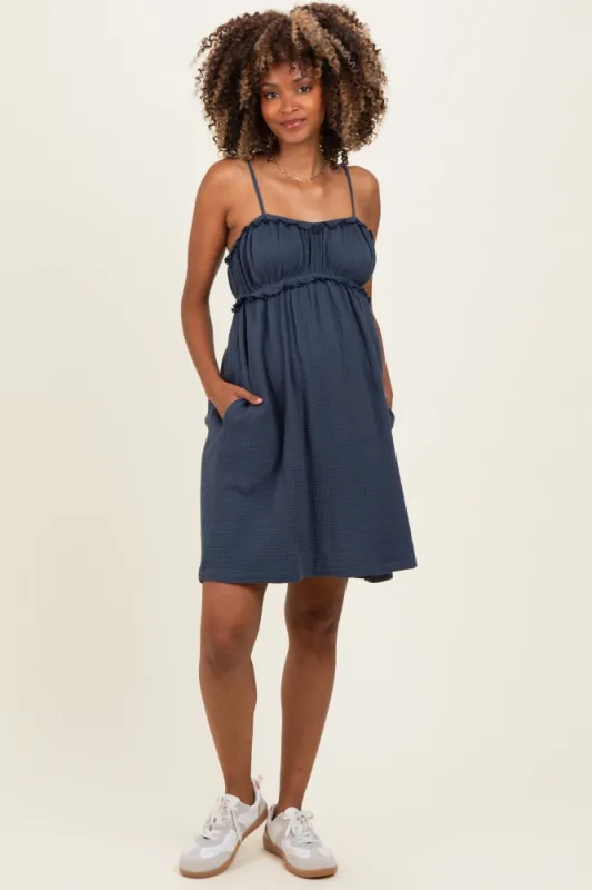 Navy Cotton Gauze Ruffle Shoulder Tie Maternity Mini Dress made by Final Touch