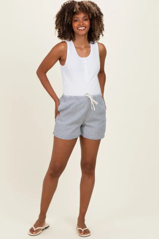 Navy Striped Drawstring Maternity Shorts made by Pinkblush