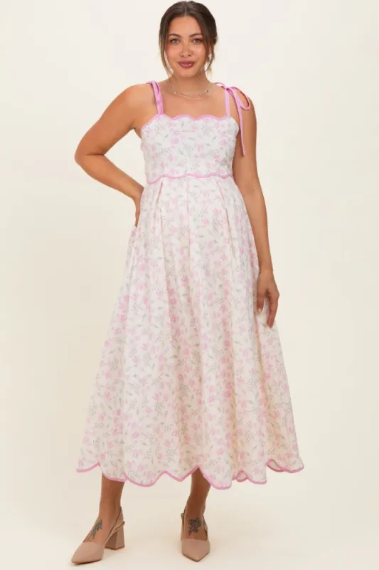 Pink Floral Scallop Hem Shoulder Tie Maternity Midi Dress made by MABLE
