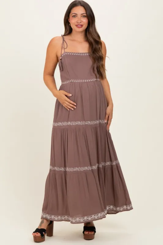 Brown Embroidered Tiered Maternity Maxi Dress made by BE COOL