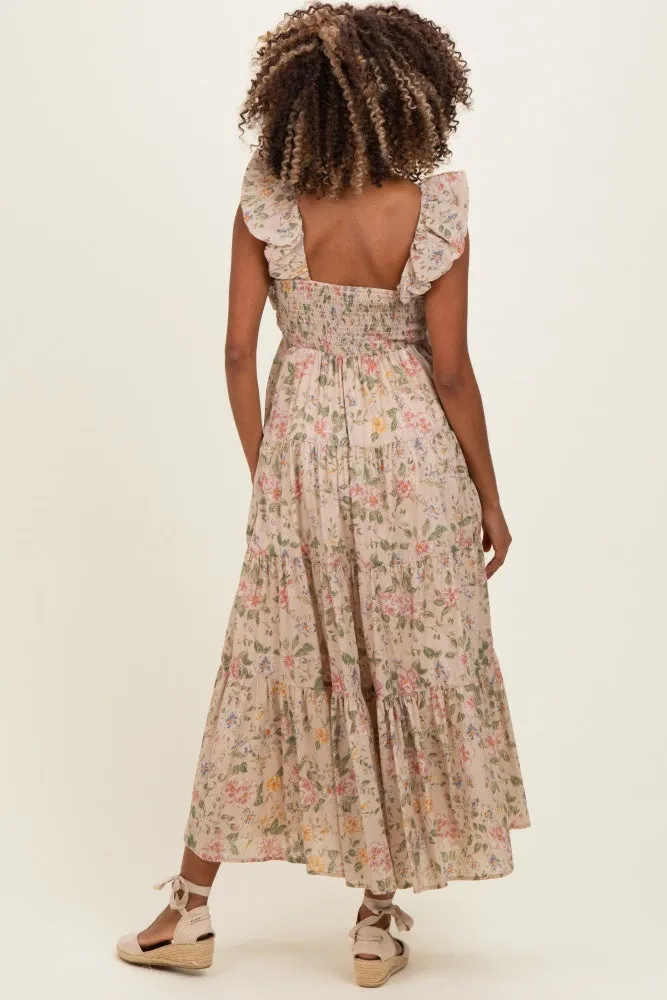 Beige Floral V-Neck Tiered Maternity Midi Dress sold by Pinkblush product image thumbnail 4