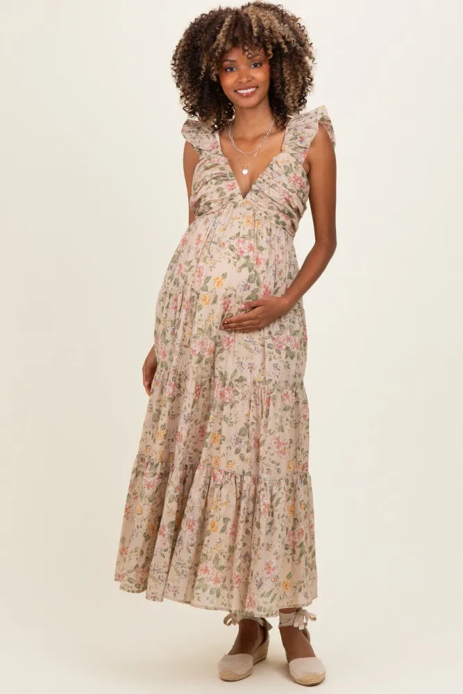 Beige Floral V-Neck Tiered Maternity Midi Dress sold by Pinkblush
