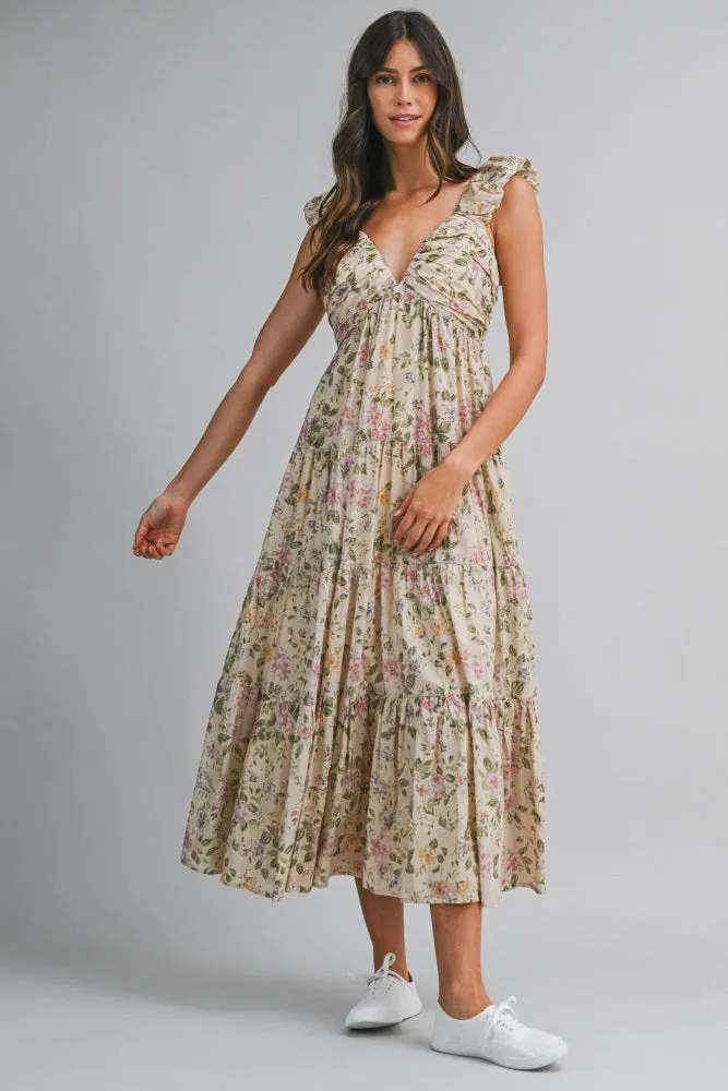 Beige Floral V-Neck Tiered Maternity Midi Dress sold by Pinkblush product image thumbnail 5