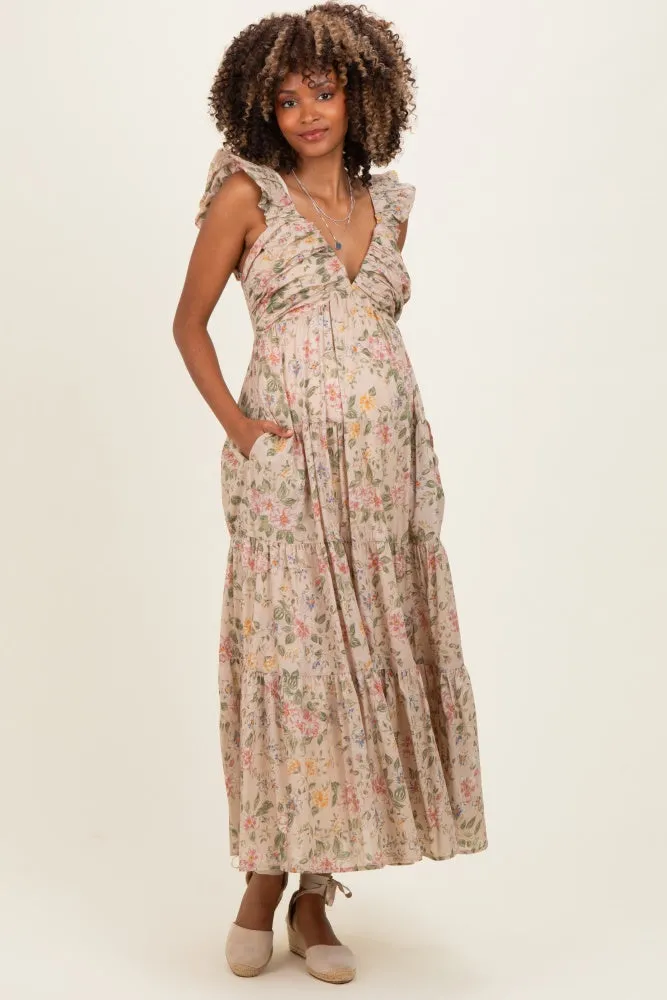 Beige Floral V-Neck Tiered Maternity Midi Dress sold by Pinkblush product image thumbnail 2