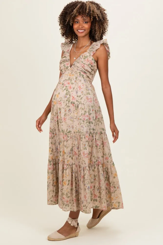 Beige Floral V-Neck Tiered Maternity Midi Dress sold by Pinkblush product image thumbnail 3