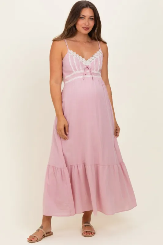 Pink Lace Accent Maternity Maxi Dress made by Inloom