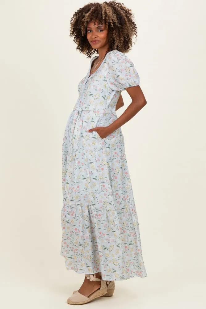 Light Blue Floral Lace Trim Button Down Maternity Maxi Dress sold by Pinkblush product image thumbnail 3