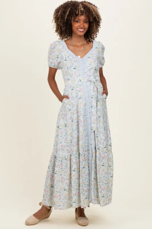Light Blue Floral Lace Trim Button Down Maternity Maxi Dress made by Inloom