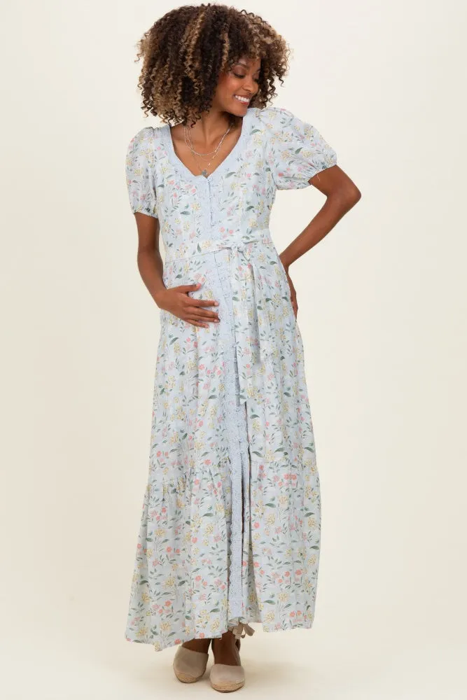 Light Blue Floral Lace Trim Button Down Maternity Maxi Dress sold by Pinkblush product image thumbnail 2