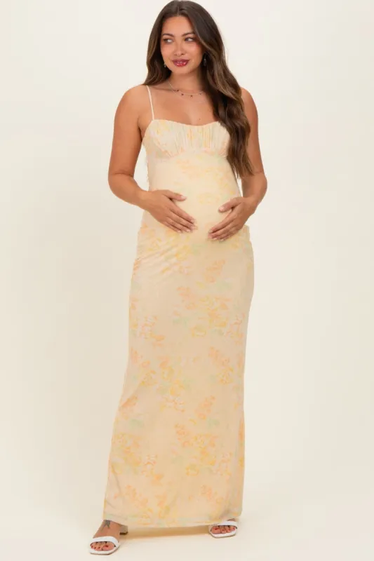 Light Yellow Floral Cutout Back Maternity Maxi Dress made by Blue Blush