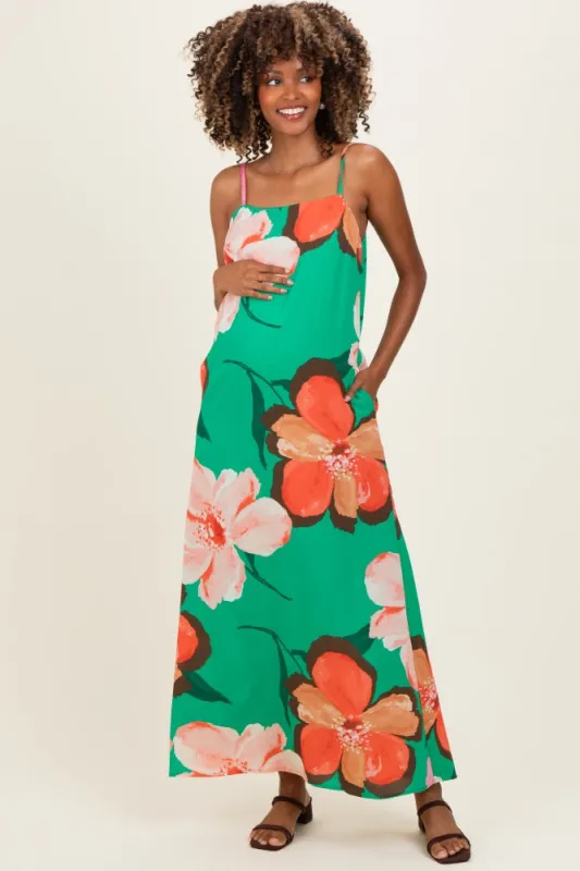 Green Floral Print Sleeveless Maternity Maxi Dress made by In February
