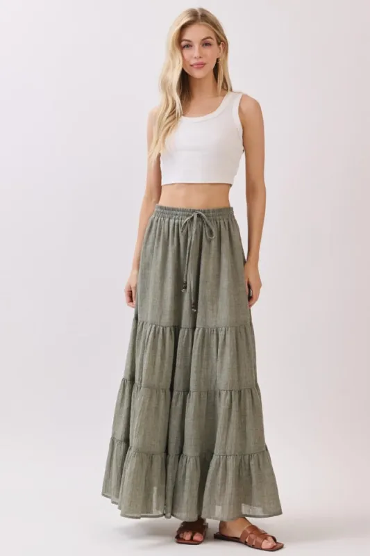 Olive Tiered Drawstring Maxi Skirt made by Final Touch