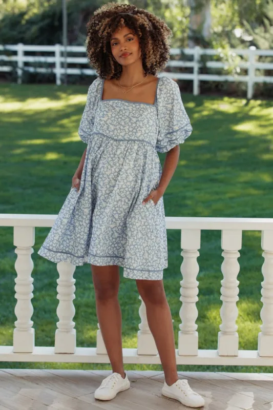 Blue Aura Contrast Binded Floral Maternity Mini Dress made by Inloom