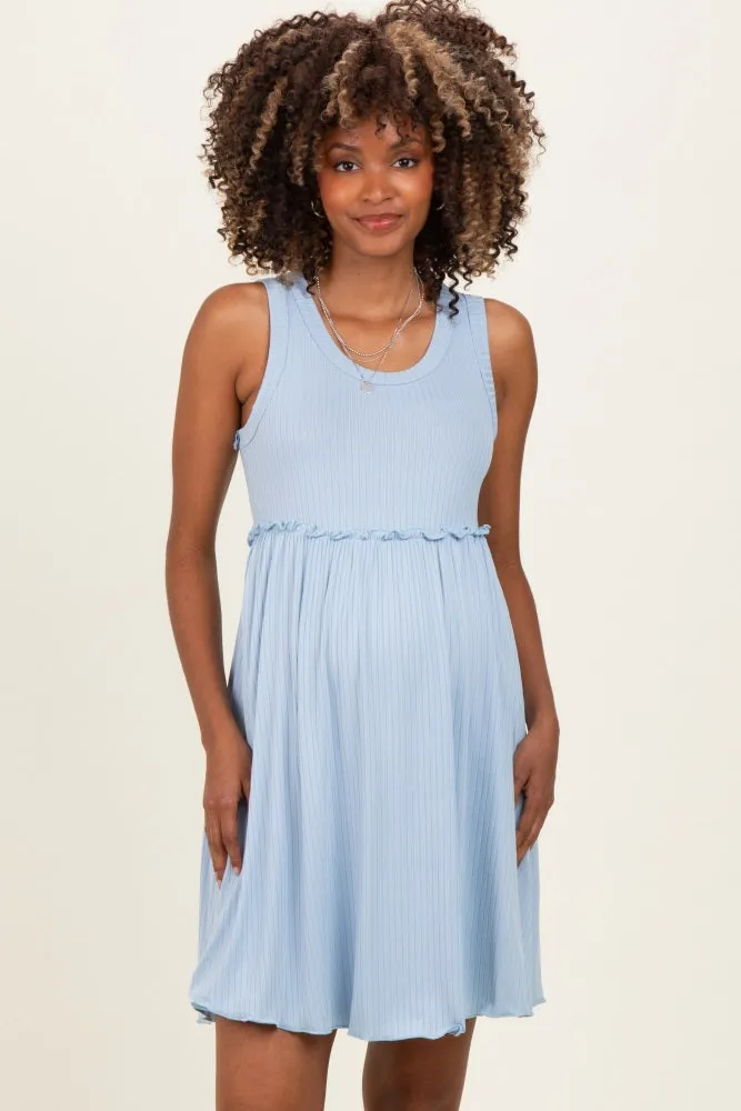 Light Blue Ribbed Sleeveless Lettuce Trim Maternity Mini Dress sold by Pinkblush product image thumbnail 2