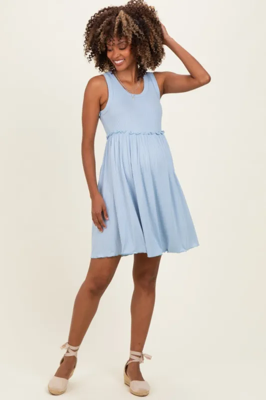 Light Blue Ribbed Sleeveless Lettuce Trim Maternity Mini Dress made by Pinkblush