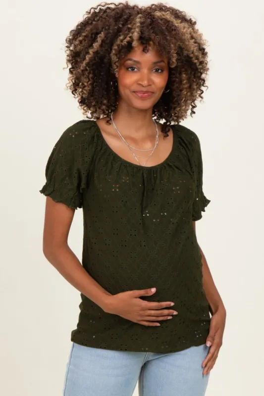 Olive Eyelet Lace Puff Sleeve Maternity Blouse made by Timing