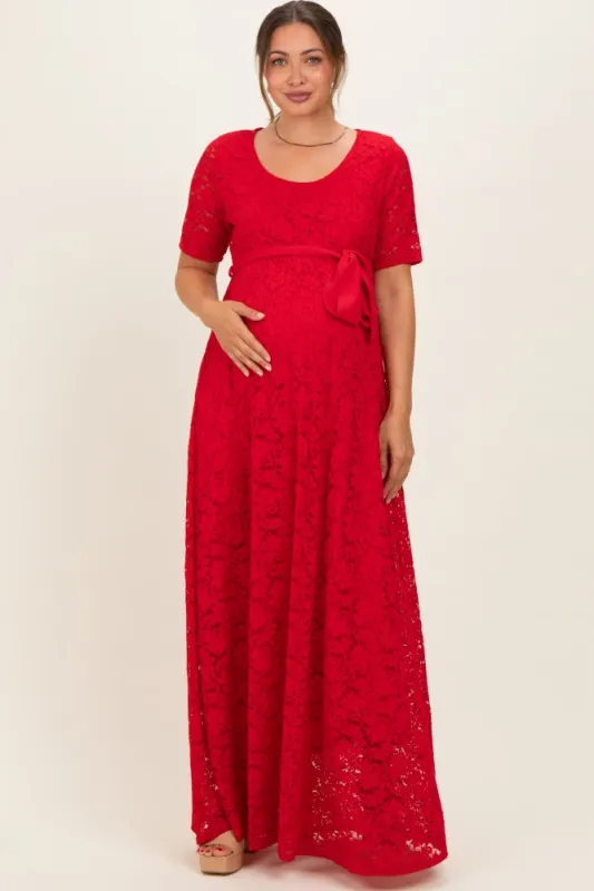 Red Lace Sash Tie Maternity Gown made by Pinkblush