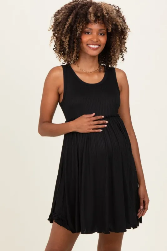Black Ribbed Sleeveless Lettuce Trim Maternity Mini Dress made by Pinkblush