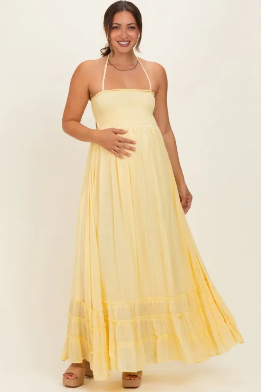 Yellow Smocked Halter Open Back Maternity Maxi Dress made by HYFVE