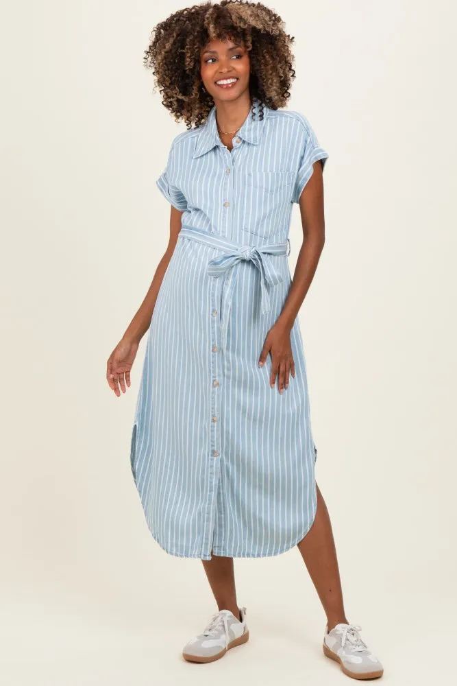 Light Blue Striped Chambray Maternity Midi Shirt Dress sold by Pinkblush
