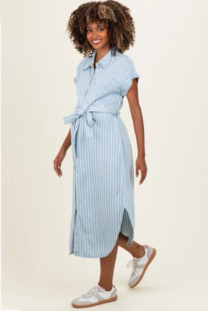 Light Blue Striped Chambray Maternity Midi Shirt Dress sold by Pinkblush product image thumbnail 2