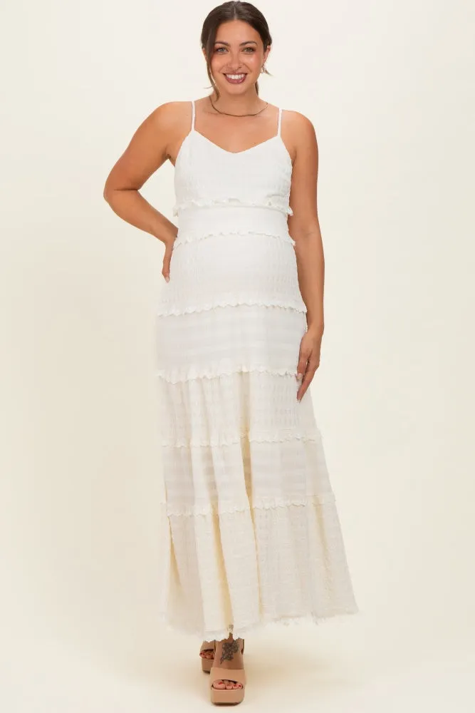 Ivory Textured Tiered Lace Trim Maternity Maxi Dress sold by Pinkblush
