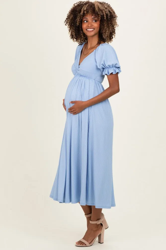 Light Blue Ribbed Short Sleeve Empire Waist V-Neck Maternity Maxi Dress sold by Pinkblush product image thumbnail 2