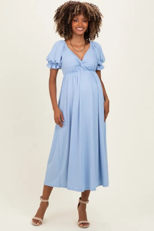 Light Blue Ribbed Short Sleeve Empire Waist V-Neck Maternity Maxi Dress made by Pinkblush