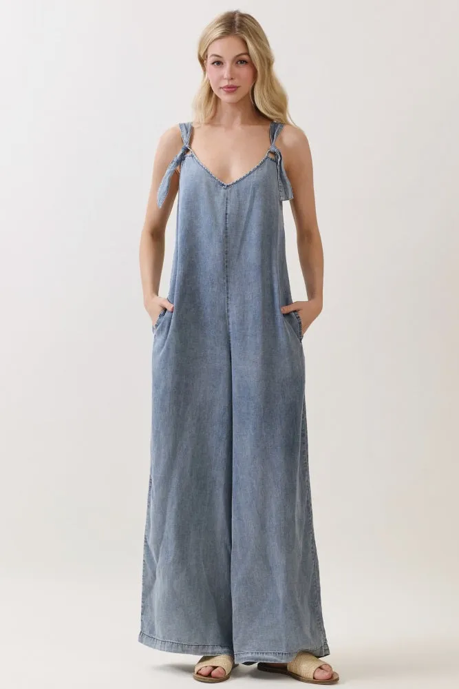 Denim V-Neck Tie Wide Leg Jumpsuit sold by Pinkblush product image thumbnail 2