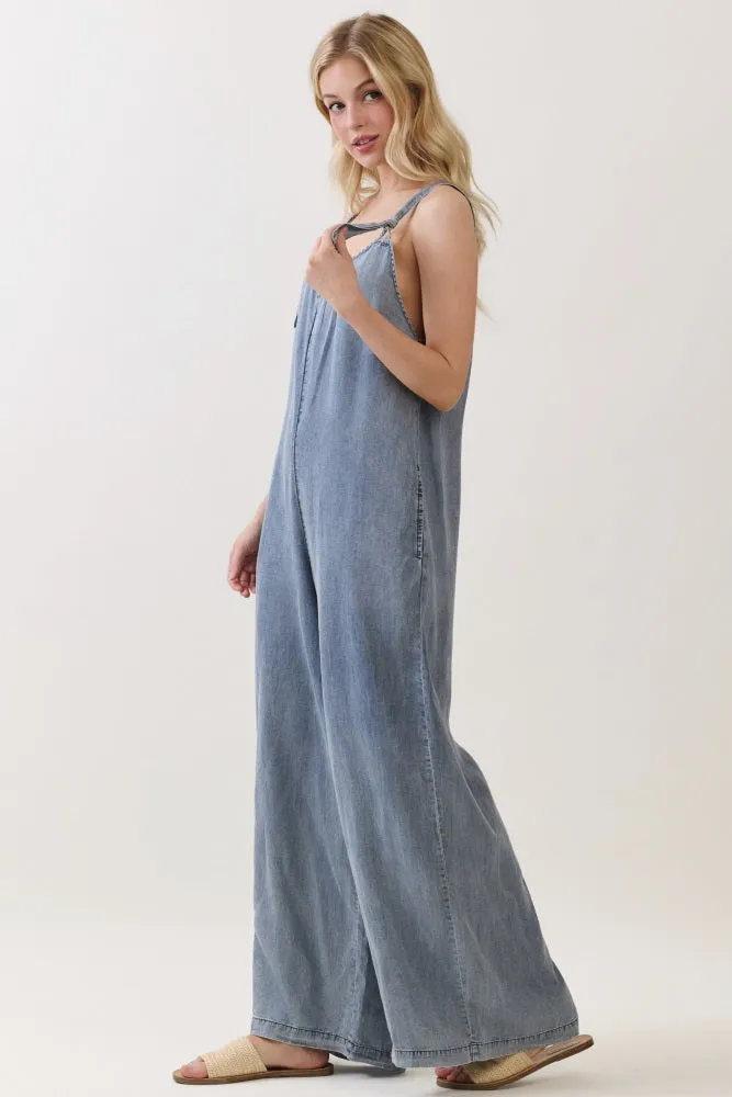 Denim V-Neck Tie Wide Leg Jumpsuit sold by Pinkblush product image thumbnail 3