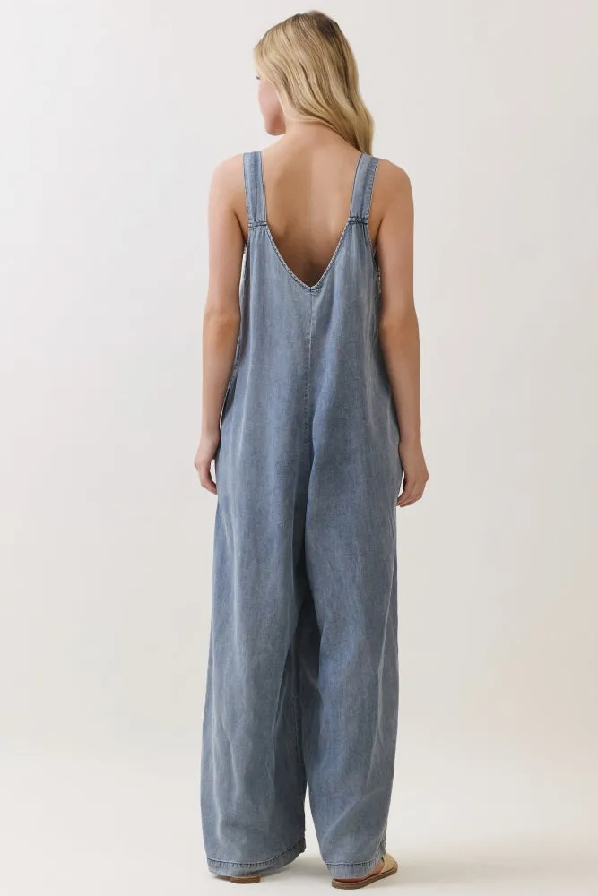 Denim V-Neck Tie Wide Leg Jumpsuit sold by Pinkblush product image thumbnail 4