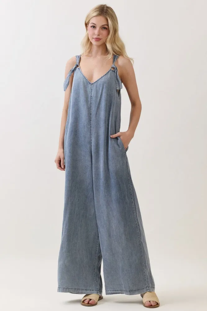 Denim V-Neck Tie Wide Leg Jumpsuit sold by Pinkblush