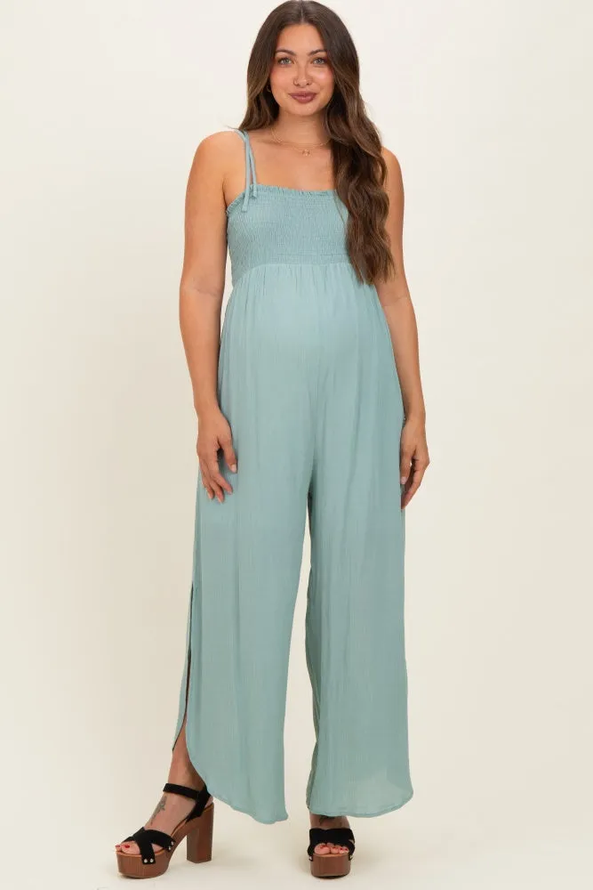 Sage Smocked Wide Leg Adjustable Strap Maternity Jumpsuit sold by Pinkblush