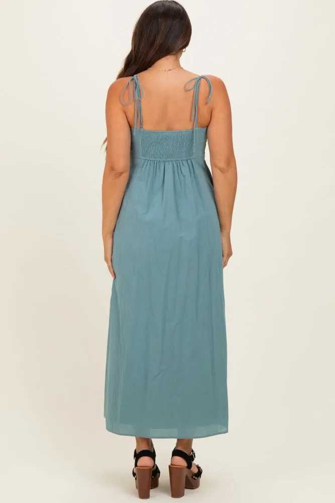 Teal Cotton Pintuck Tie Strap Maternity Maxi Dress sold by Pinkblush product image thumbnail 3