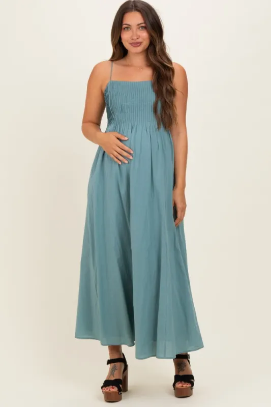 Teal Cotton Pintuck Tie Strap Maternity Maxi Dress made by BE COOL