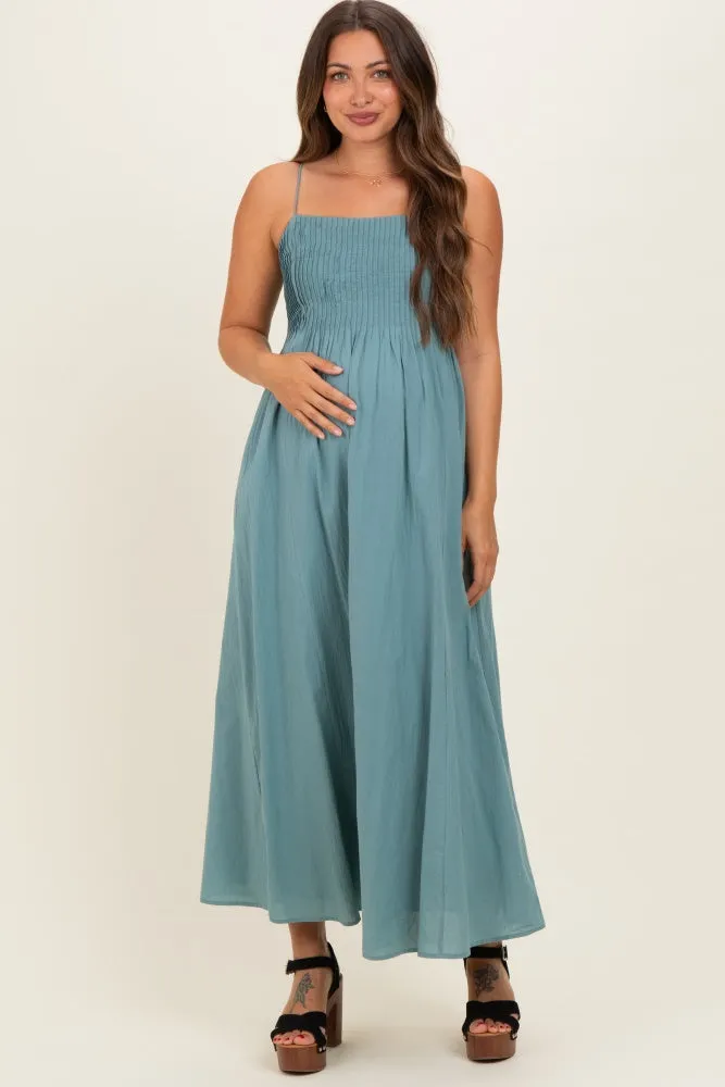 Teal Cotton Pintuck Tie Strap Maternity Maxi Dress sold by Pinkblush